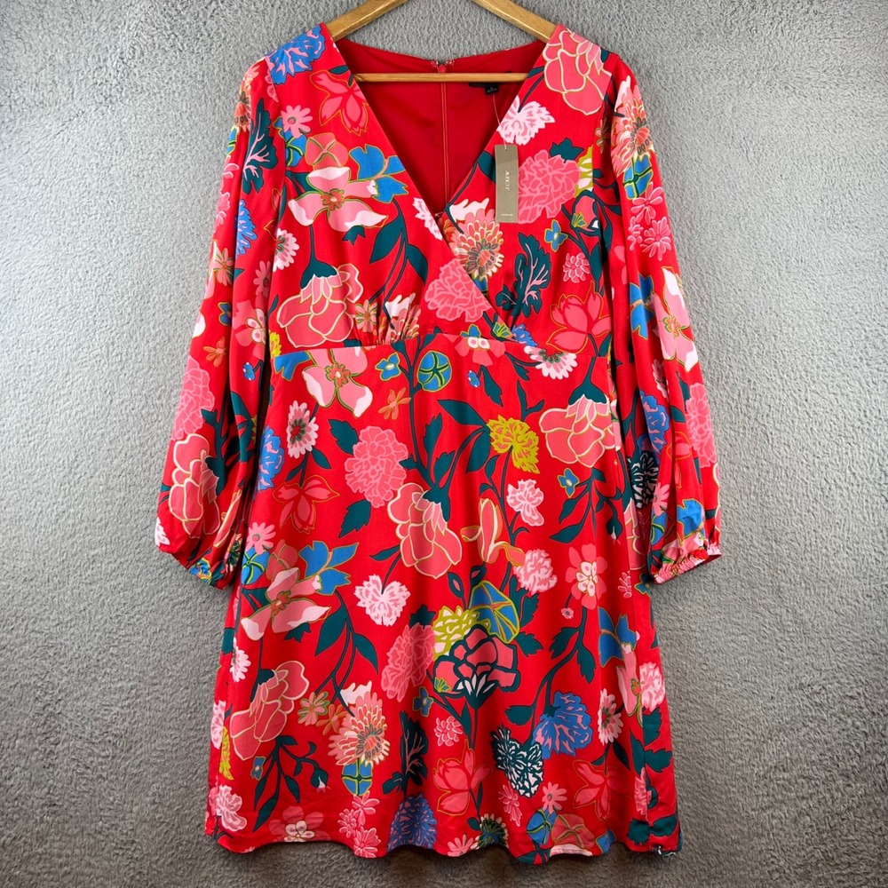 New J Crew Wrap Dress Floral Print‎ Red Long Sleeve V Neck Midi Women's 6